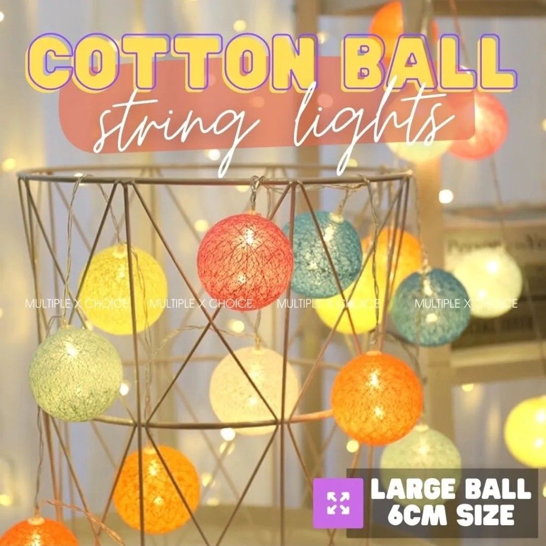Cotton Ball String LED Lights, Furniture & Home Living, Home Decor, Other Home Decor on Carousell