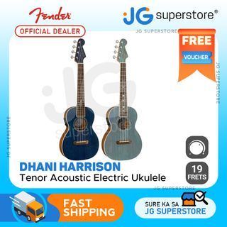 Fender Dhani Harrison Signature 19 Frets 4 Strings Tenor Acoustic Electric Ukulele Guitar with Walnut Fingerboard, Built-In FE-U01 Preamp for Musicians (Sapphire Blue Transparent, Turquoise) | JG Superstore