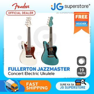 Fender Fullerton Jazzmaster 19 Frets 4 Strings Concert Electric Ukulele Guitar with Cutaway, Walnut Fingerboard, Built-In FE-U01 Preamp for Musicians (Tidepool, Olympic White) | JG Superstore