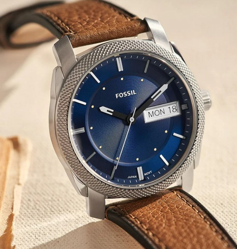 Fossil FS5920 Machine Day Date Tan Eco Leather Strap Blue Dial Analog Men Watch