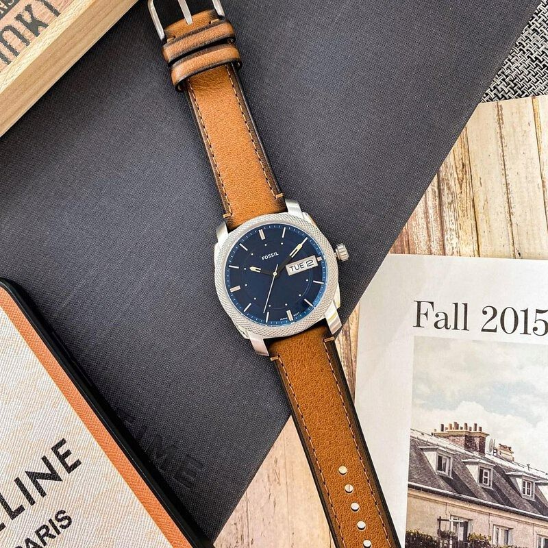 Fossil FS5920 Machine Day Date Tan Eco Leather Strap Blue Dial