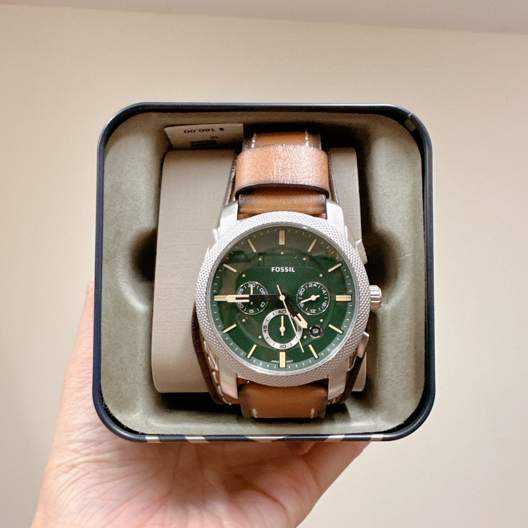 Fossil FS5962 Machine Green Dial Chronograph Tan Eco Leather Date ...