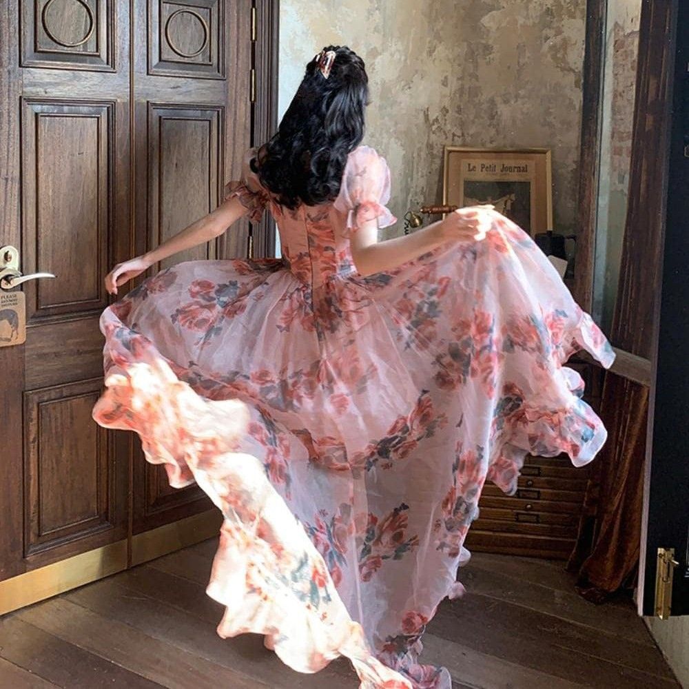 Floral Red Pink French Old Money Elegant Square Collar Puff Sleeve Printed  for Women Summer Mesh Cottagecore Vintage Slim Waist Corset Bustier A-line  Fairycore Coquette Gown Maxi Dress, Women's Fashion, Dresses &
