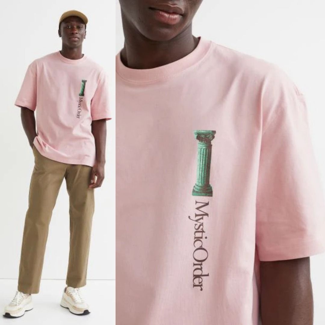 Light Pink Slim Fit Printed Graphic Tee Shirt Tops for Men Men s