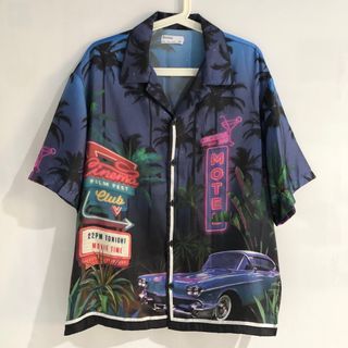 HRG NETT bershka satin graphic print oversize shirt kemeja top atasan dark blue navy biru tua ungu purple aesthetic streetwear street wear unisex hawaii hawaiian impor import vtg vintage s m l xl  korea korean japan japanese zara cotton on a796