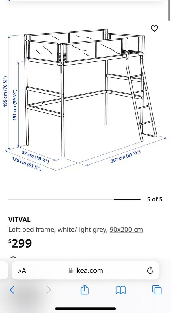 IKEA VITVAL Loft bed frame, white/light grey, Furniture & Home Living