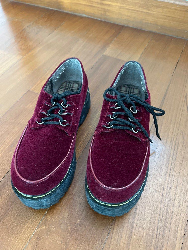 Maroon Suede Lace Up Platform Loafers Women s Fashion Footwear