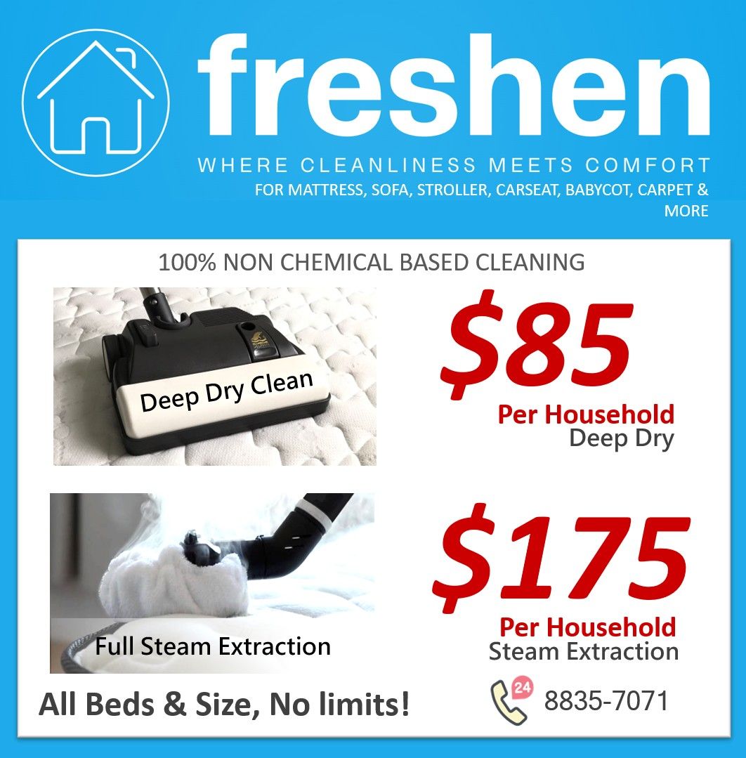 Mattress Cleaning , Sofa Cleaning, Upholstery Cleaning, Stroller Cleaning, Baby Cot Cleaning, Bed Cleaning, Pram Cleaning, Carseat Cleaning, Steam Cleaning, Shampoo, Extraction, Sanitization, Disinfection (Category: Mattress Cleaning) located in Singapore. Submitted by freshen.ja (Listing ID 143214945, Image 1). Description: FRESHEN – where cleanliness meet comfort At FRESHEN, we're not just a business – we're your partners in upholstery, mattres