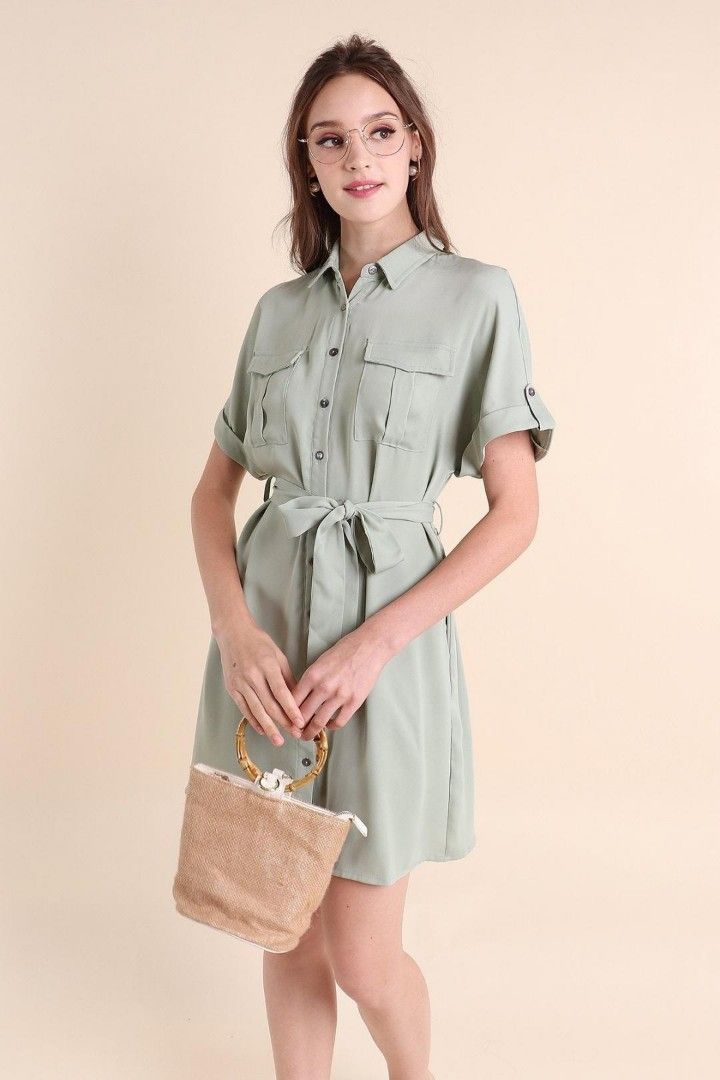 Neonmello Melaine Utility Buttom Shirt Dress Sage Green Women s