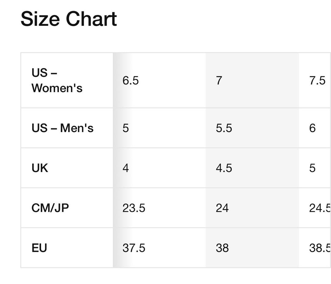 Nike react clearance size chart