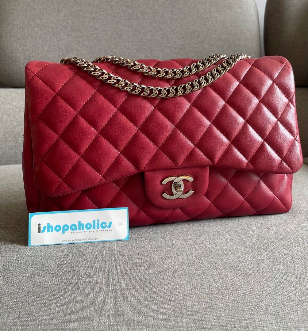 RARE CHANEL Red Jumbo Lambskin Classic Single Flap