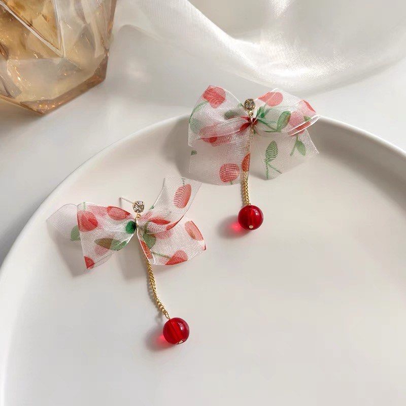 free mail red cherry ribbon dangling drop earrings cute pop