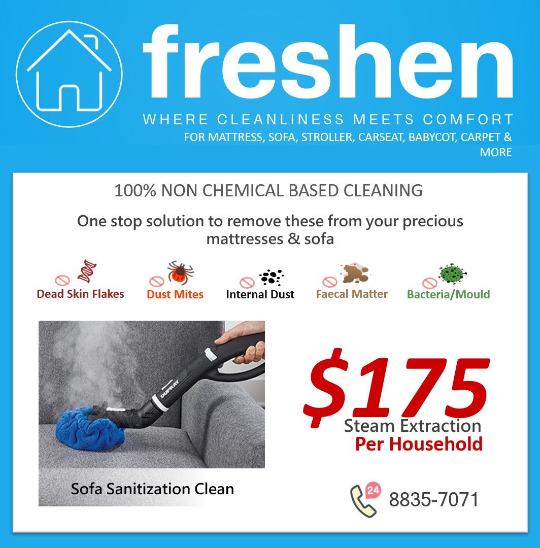 Sofa Shampoo Cleaning, Upholstery Deep Steam Extraction Cleaning Serivces, Mattresses, Baby Strollers, carseat, Prams & Cots (Category: Sofa Cleaning) located in Singapore. Submitted by freshen.ja (Listing ID 1188394599, Image 1). Description: FRESHEN – where cleanliness meet comfort At FRESHEN, we're not just a business – we're your partners in upholstery, mattress, and baby item cleaning. What sets us apart? Our commitment to a non or least che