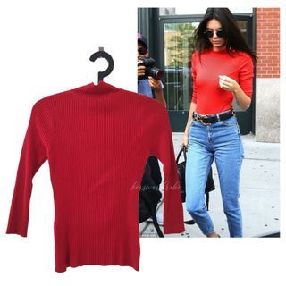 Turtleneck ribbed top in bright red