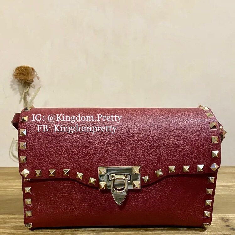 Valentino Garavani Rockstud Flap Bag in Burgundy Grained Red Leather Pre order