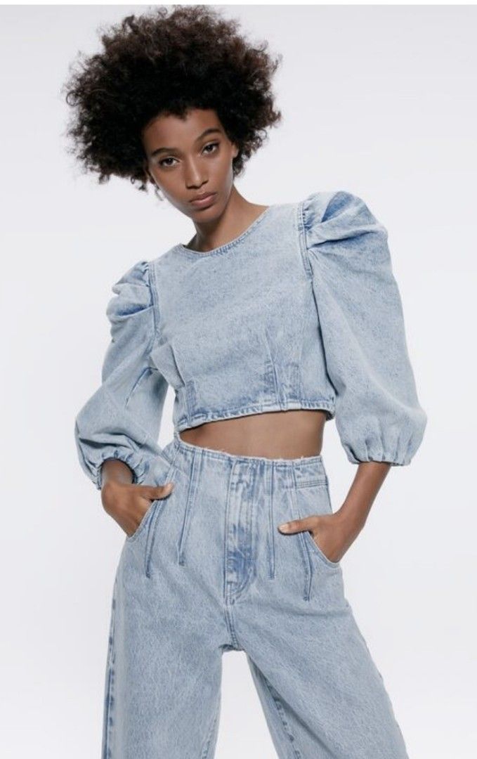 Zara Denim Puffsleeves Crop Top Women s Fashion Tops Blouses on