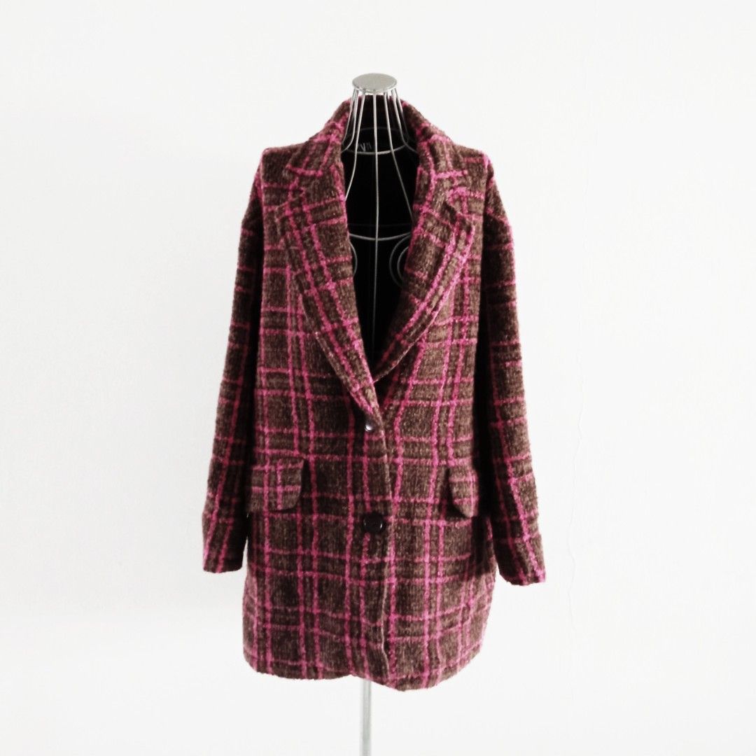 Zara Wool Blend Plaid Jacket Coat Collared Lined Womens Brown Pink