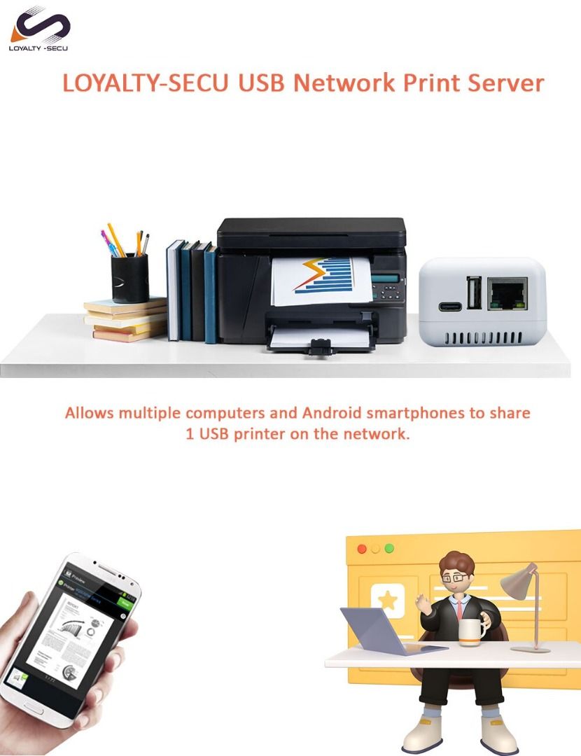1-port Network Print Server RJ45 LOYALTY-SECU for Your USB Printer, 電腦 ...