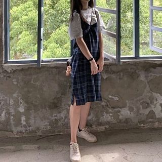 穿三次 Hang Ten復古藍色格紋細肩洋裝💙🖤
