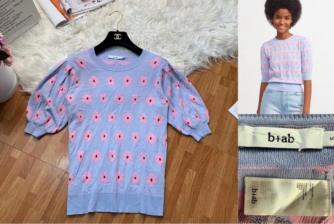 B+ab floral knitted puff sleeve top (Category: Blouses) located in Pasig City. Submitted by prettyprettypieces (Listing ID 1251629528, Image 1). Description: Small to medium Stretch So nice **FYI. ** items are used & pre loved, & needs to be washed since we only store it thru storage boxes, .