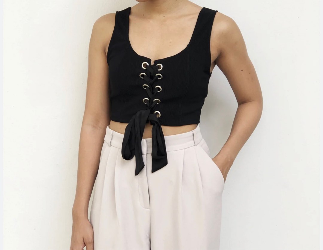 Black Lacedup Crop Top, Women's Fashion, Tops, Sleeveless on Carousell