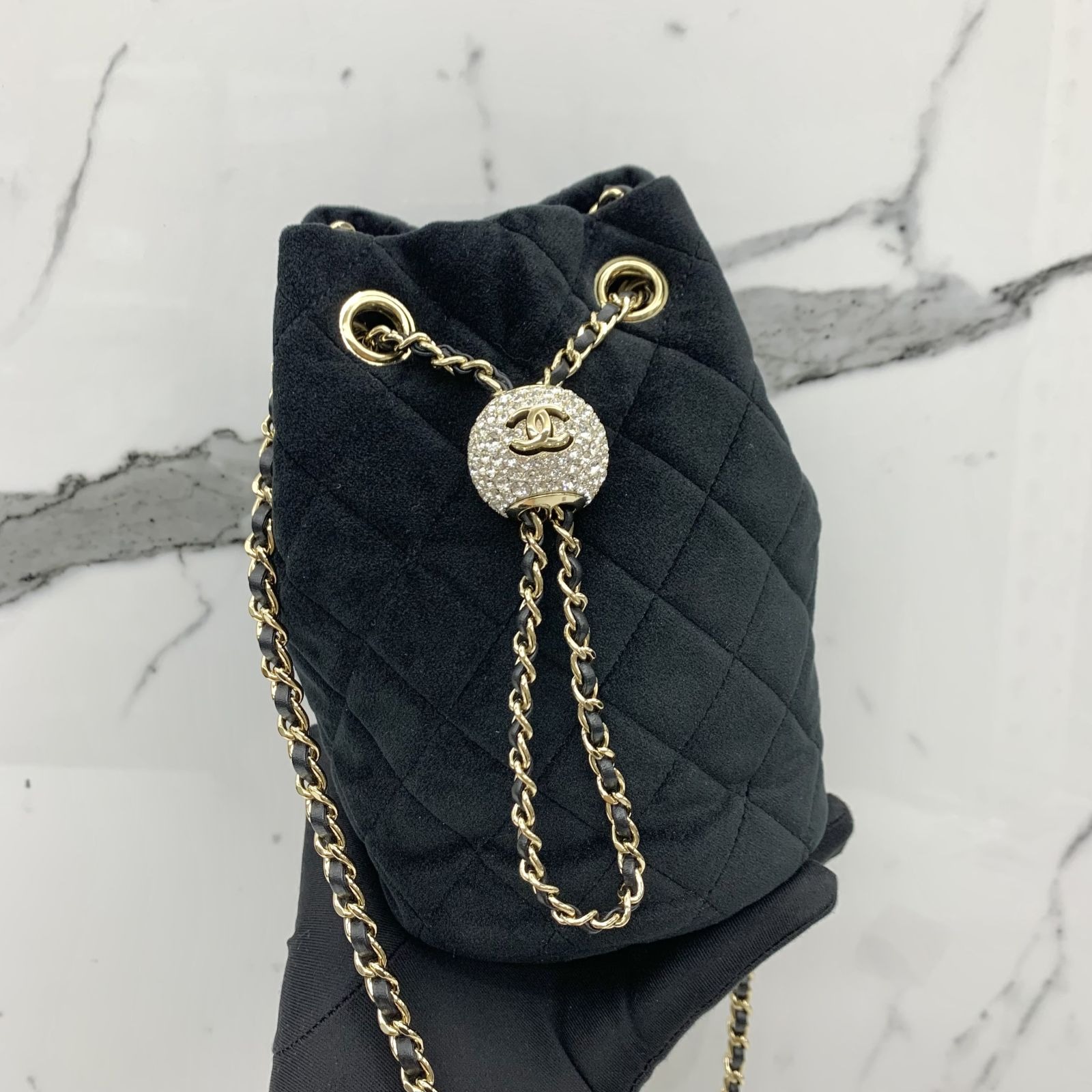 Chanel Crystal Pearl Crush Drawstring Bag Black Velvet Light Gold