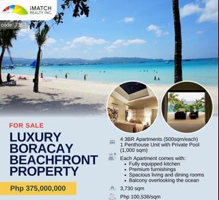 For Sale: Luxurious Beachfront Apartments in Boracay. Own an investment property with a beautiful and private view of Boracay. Each apartment has spacious interiors designed with premium materials, with personal views of the ocean on the balcony ₱375M