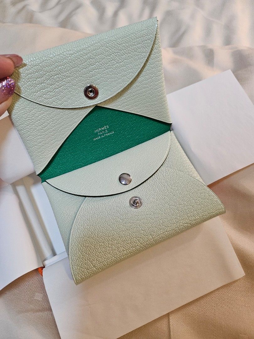 BNIB Hermes Calvi Duo Compact Card Holder Wallet Evercolor Vert Criquet