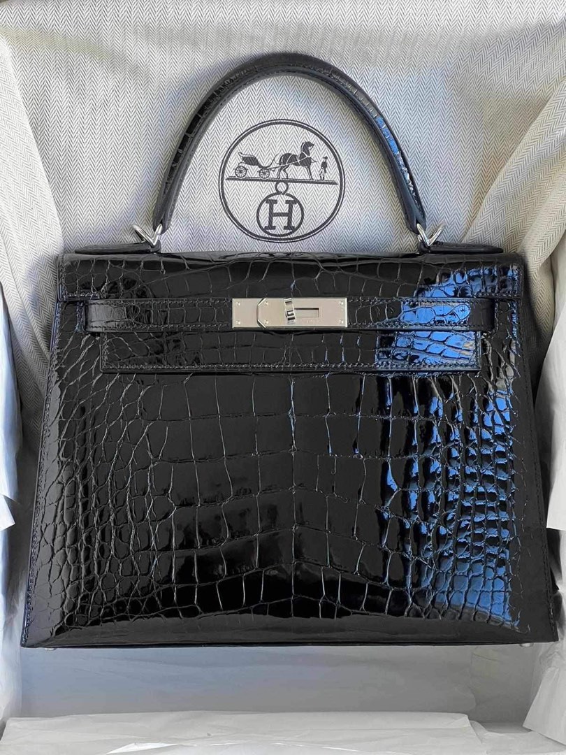 Hermes Kelly bag 25 Sellier Braise Alligator crocodile skin Silver