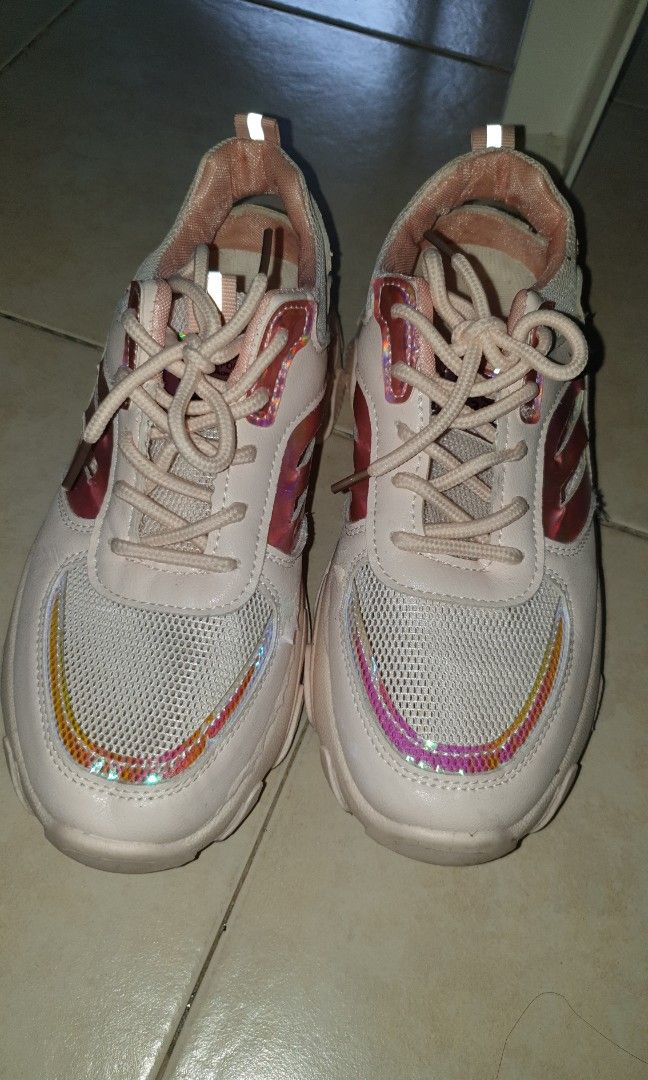 Holographic Iridescent Pink Platform Sneakers, Women's Fashion