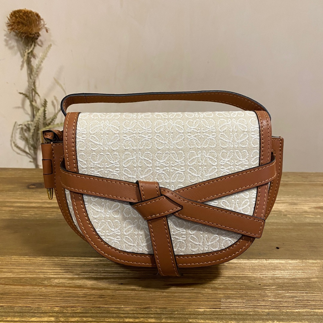 Loewe Mini Gate bag in white canvas and tan calfskin on Carousell
