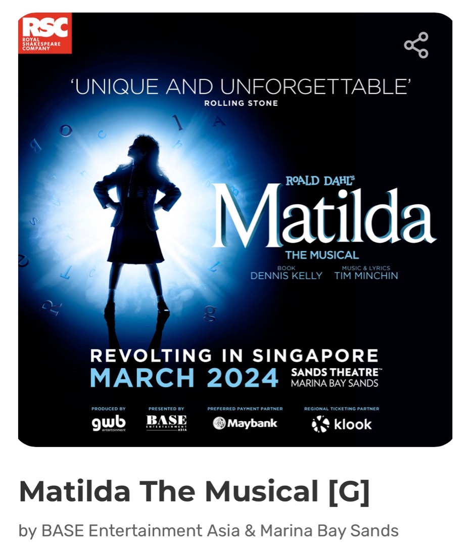 9 March 2024 (Saturday) Matilda Musical Singapore, Tickets & Vouchers