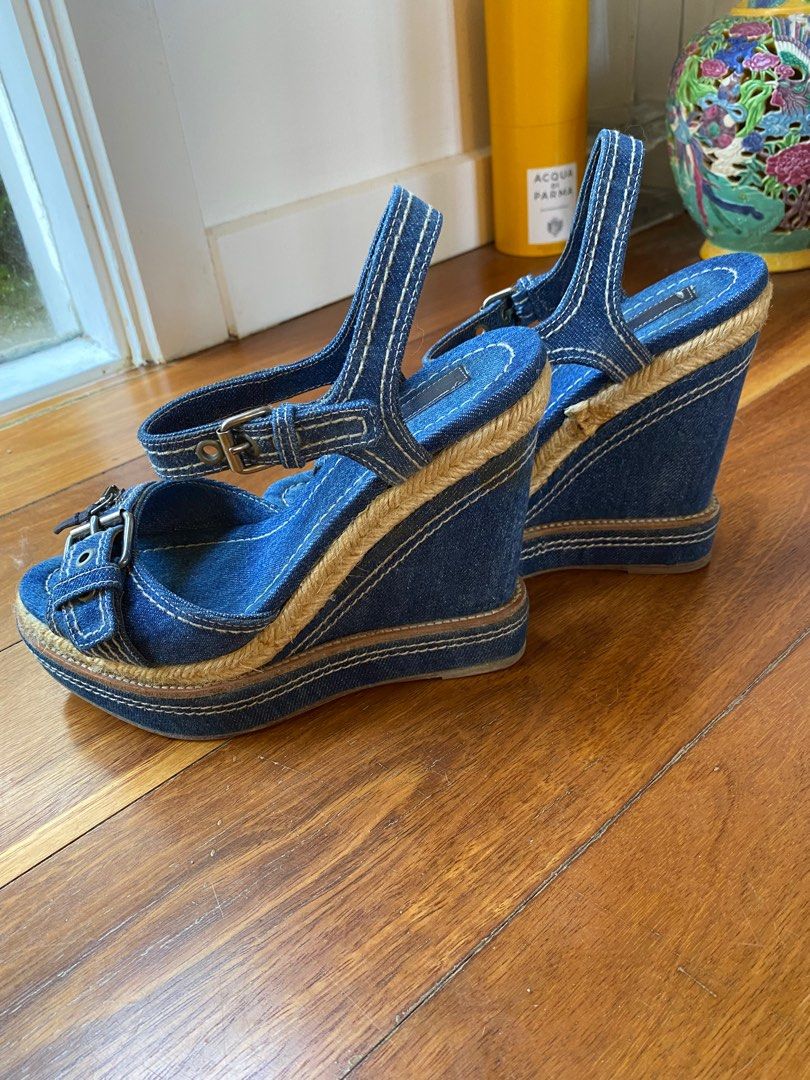 Blue denim wedge shoes online