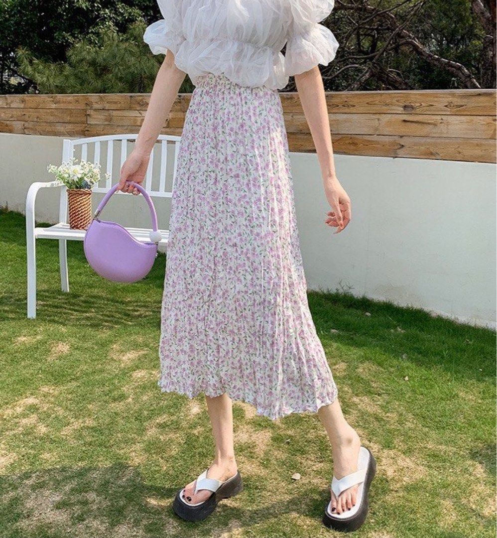 NEW DESIGNS Vintage Floral Pleated Plisse Midi Skater Skirt