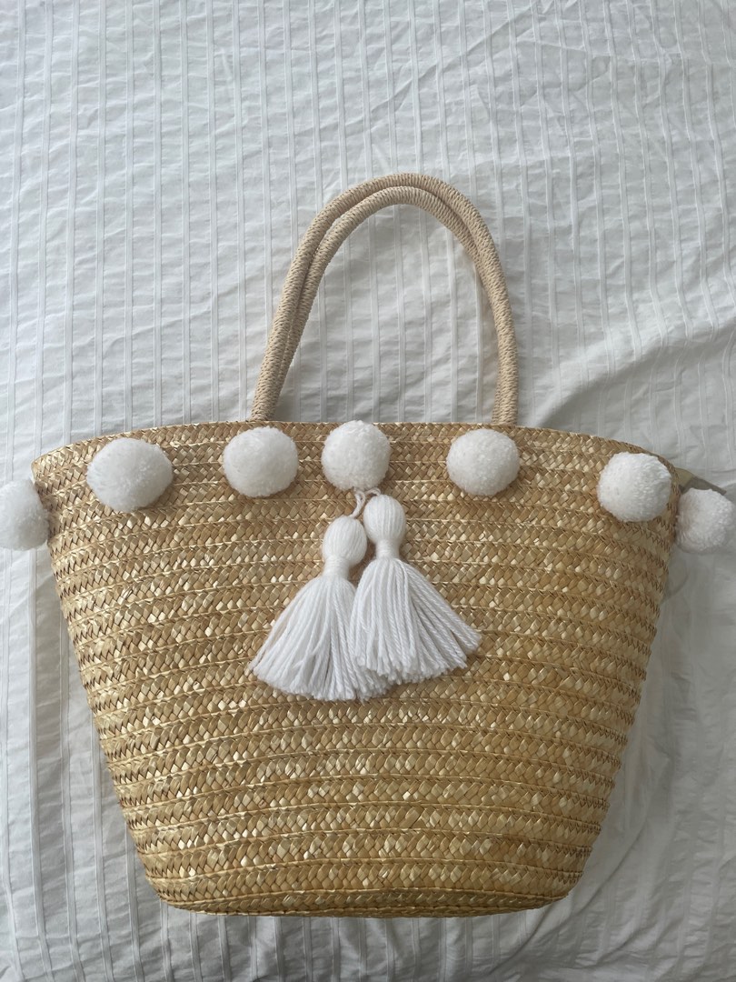 Pom Pom Straw Beach Bag White