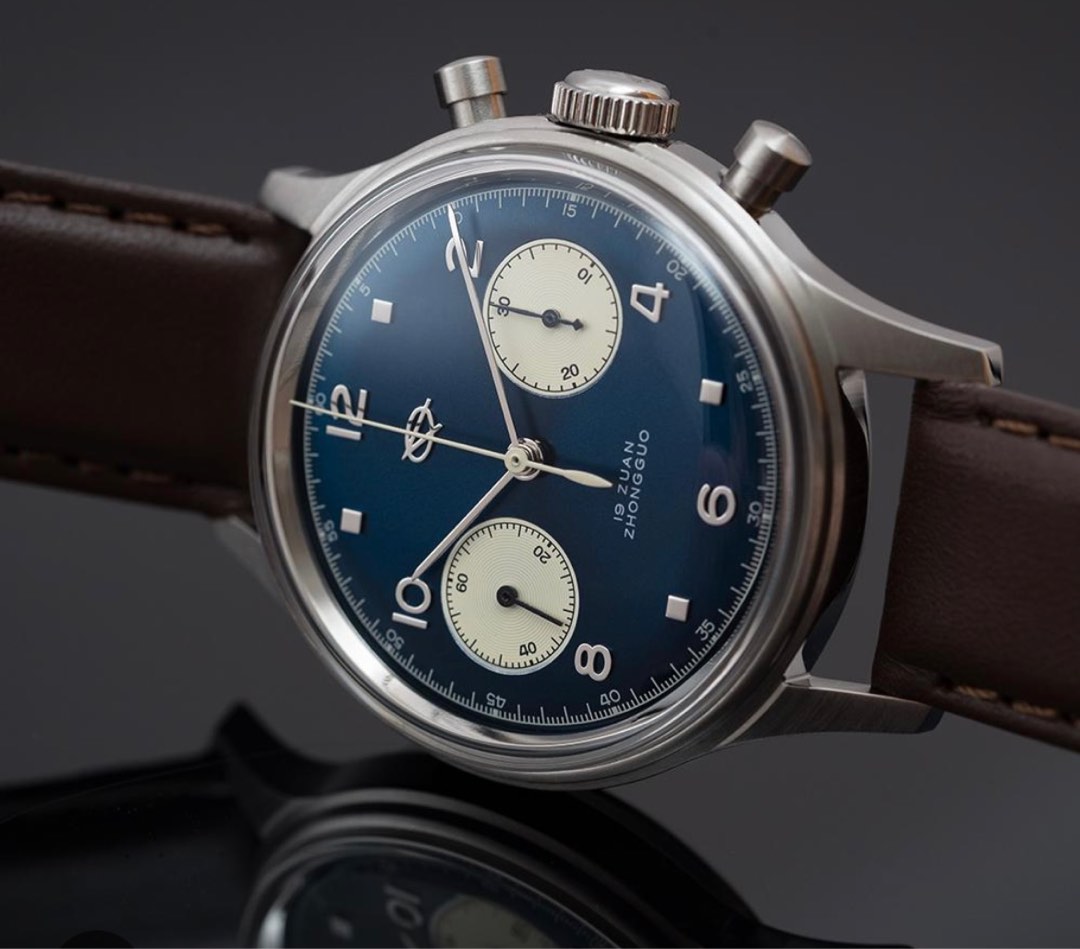 Seagull 1963 38mm Blue Panda Acrylic Glass Pilot Chronograph Watch 19 Zuan ST19 Movement with Swan Neck