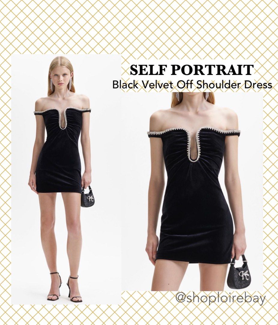 Self Portrait Black Off Shoulder Velvet Mini Dress
