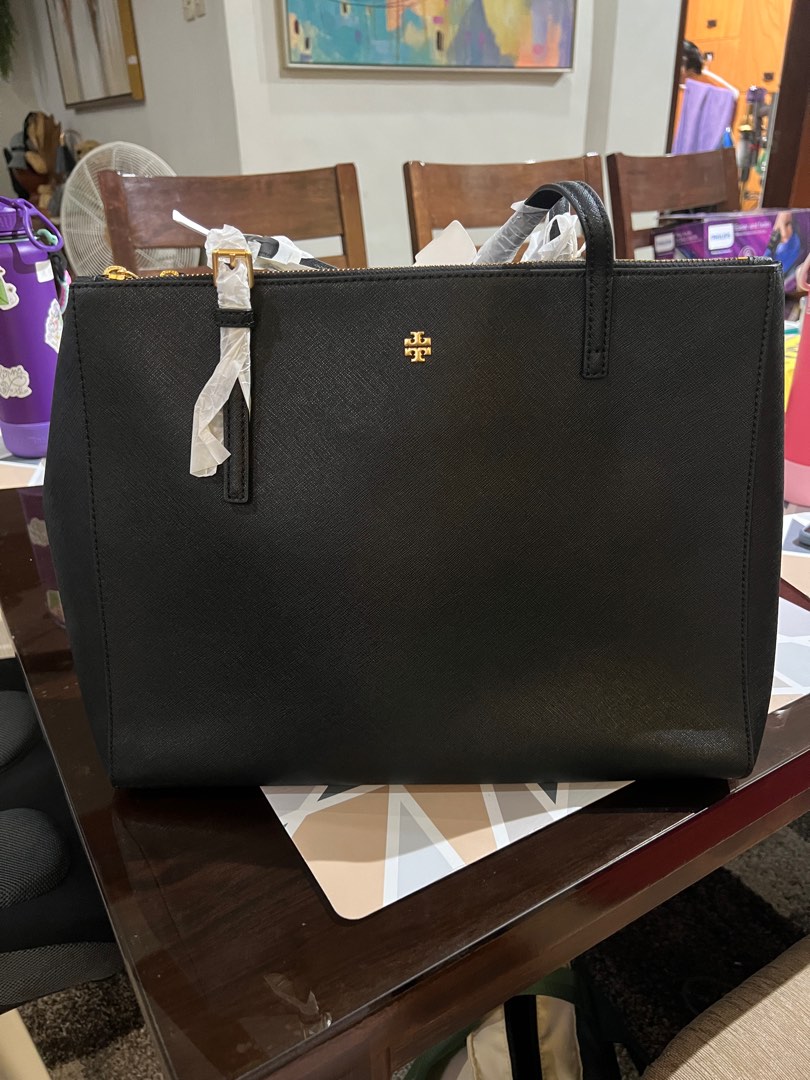 Tory Burch 134837 Emerson Black Saffiano Leather With Gold Hardware Women's  Large Double Zip Top Tote Bag