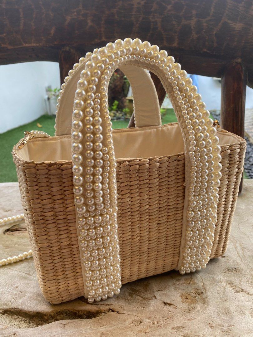 UNBRANDED Designer Straw Basket with Pearls
