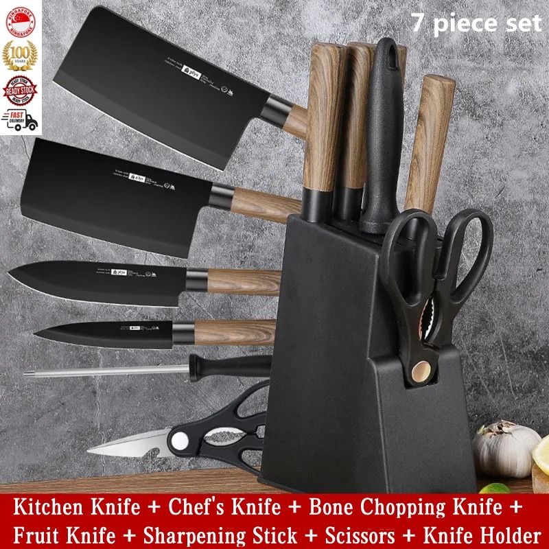 7pcs, Knives Set, Kitchen Knife Set, Meat Cleaver, Chef Knife, Fruit Knife,  Kitchen Scissor, Knife Sharpener, Bone Chopping Knife, Kitchen Supplies, K