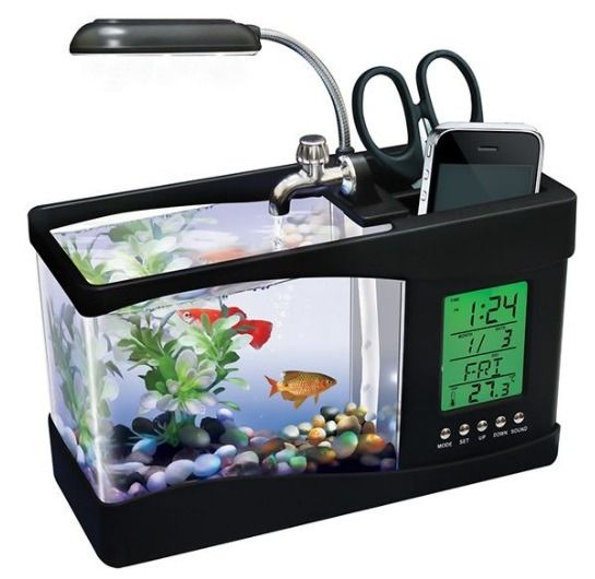 MINI FISH TANK AQUARIUM WITH LED ClOCK USB LCD Lamp Glass