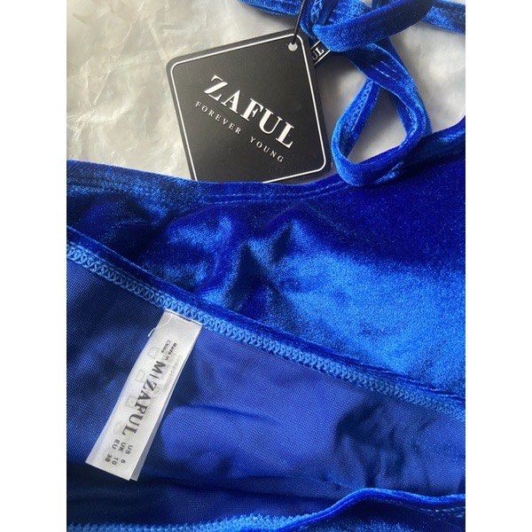 Authentic ZAFUL Swimwear Two piece set Medium on tag brandnew self tie padded velvet blue Women s Fashion Swimwear Bikinis Swimsuits on Carousell