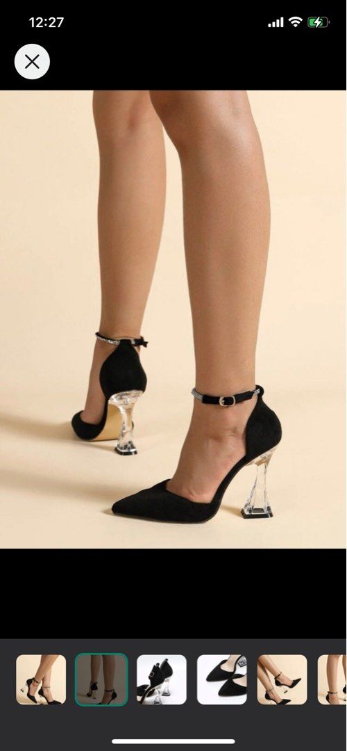 Rhinestone Decor Point Toe Clear Heeled Suedette Ankle Strap Pumps