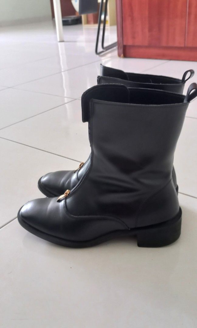 Black Zip Leather Boots Mid Calf Women s Fashion Footwear