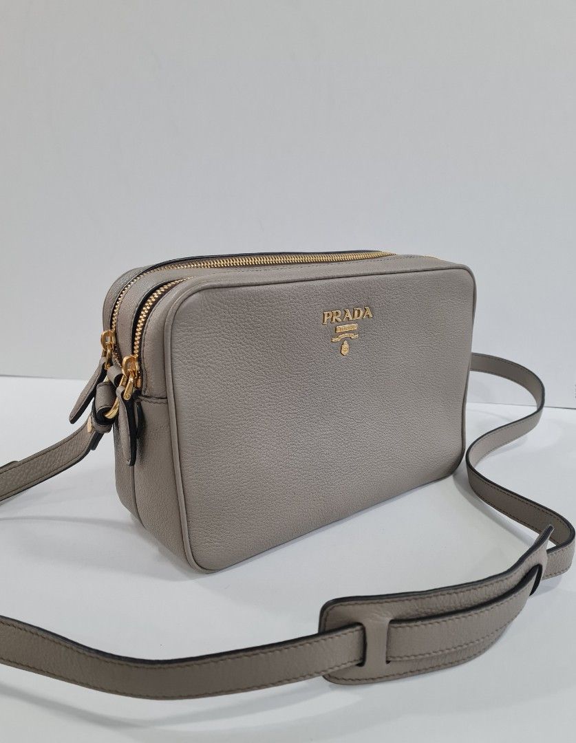 New Prada Argilla Grey Vitello Phenix Leather Double Zip Crossbody