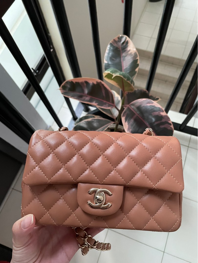 Authentic CHANEL 22S Receipt Mini Rectangular Caramel Brown Lambskin LGHW  New