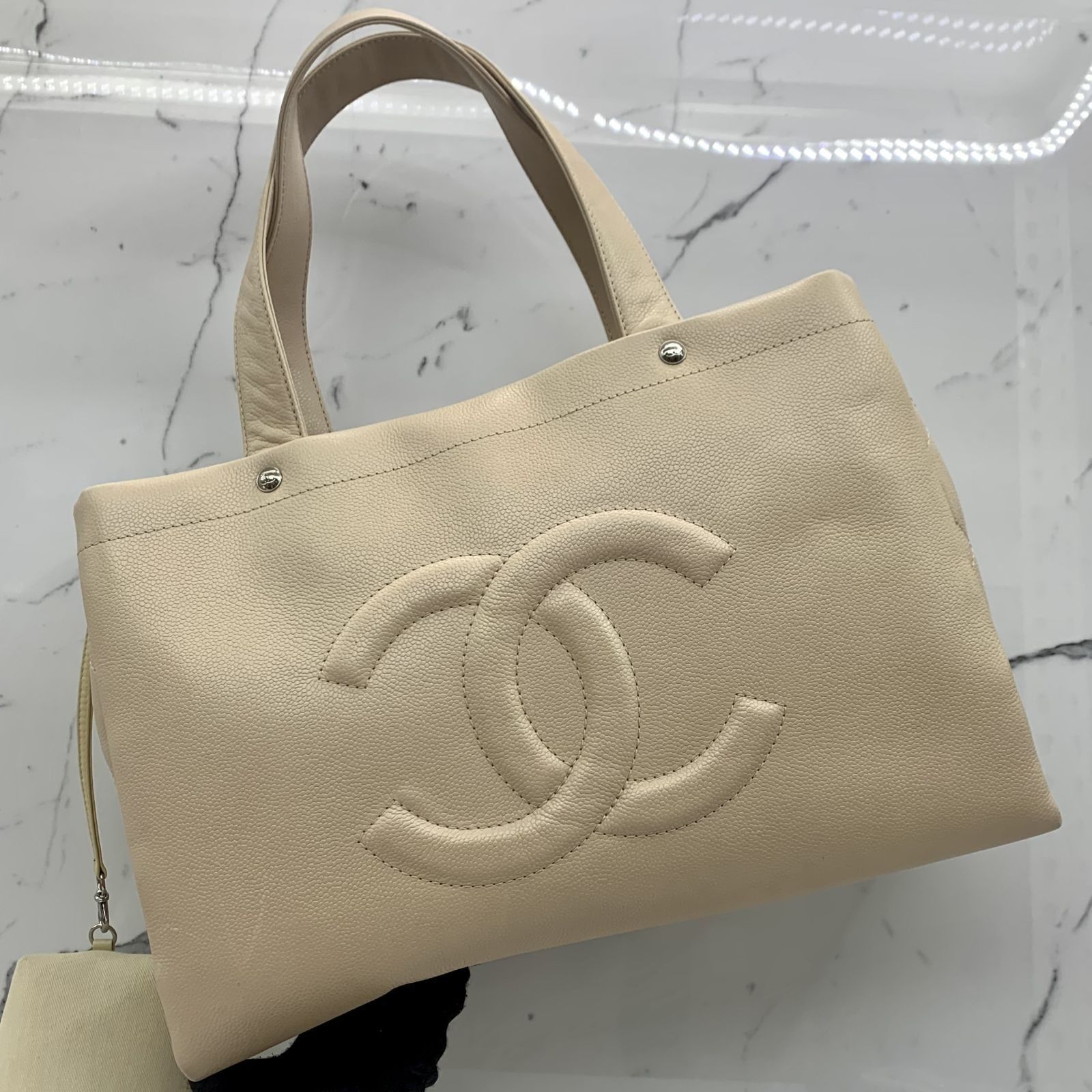 CHANEL BEIGE CAVIAR SKIN COCO MARK WITH POUCH TOTE BAG 237026537