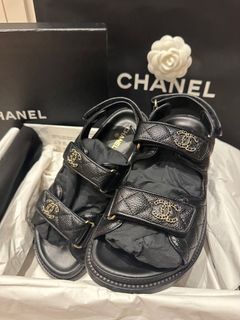 Chanel Authentic w RECEIPT New Caviar Dad Gate 5 Sandals Black Gold CC Logo  37.5
