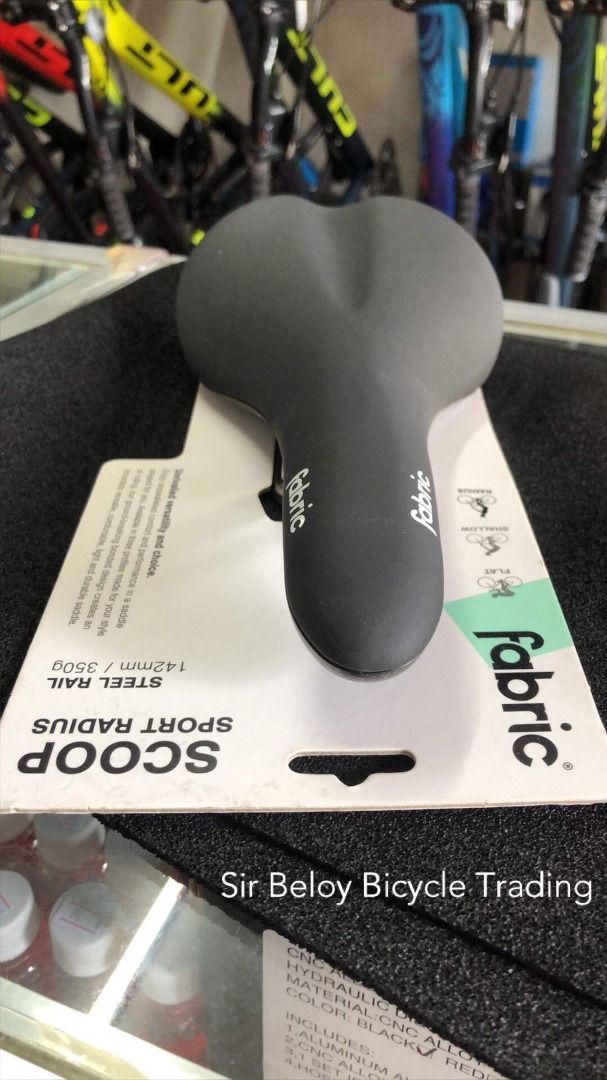 Fabric Scoop Radius Steel Rail Saddle (Category: Bicycles) located in Las Pinas. Submitted by sir_beloy_bicycle_trading (Listing ID 1251732232, Image 3). Description: Rails: Steel (7mm) Base: Flexible PP Cover: Microfibre Profiles: Flat / Shallow / Radius Weight: Flat 338g / Radius 350g Width: 142mm Length: 282mm Mid rail to saddle topper 48mm Steel rails (7mm) 142mm saddle, steel rails Award-winning construction technique Flexible base and soft 