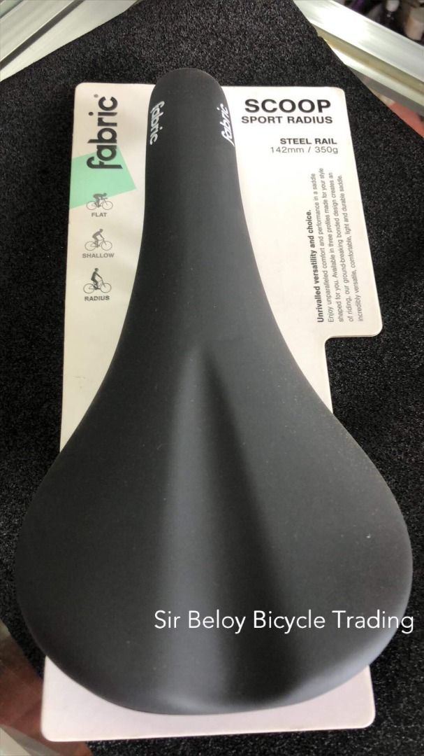 Fabric Scoop Radius Steel Rail Saddle (Category: Bicycles) located in Las Pinas. Submitted by sir_beloy_bicycle_trading (Listing ID 1251732232, Image 2). Description: Rails: Steel (7mm) Base: Flexible PP Cover: Microfibre Profiles: Flat / Shallow / Radius Weight: Flat 338g / Radius 350g Width: 142mm Length: 282mm Mid rail to saddle topper 48mm Steel rails (7mm) 142mm saddle, steel rails Award-winning construction technique Flexible base and soft 